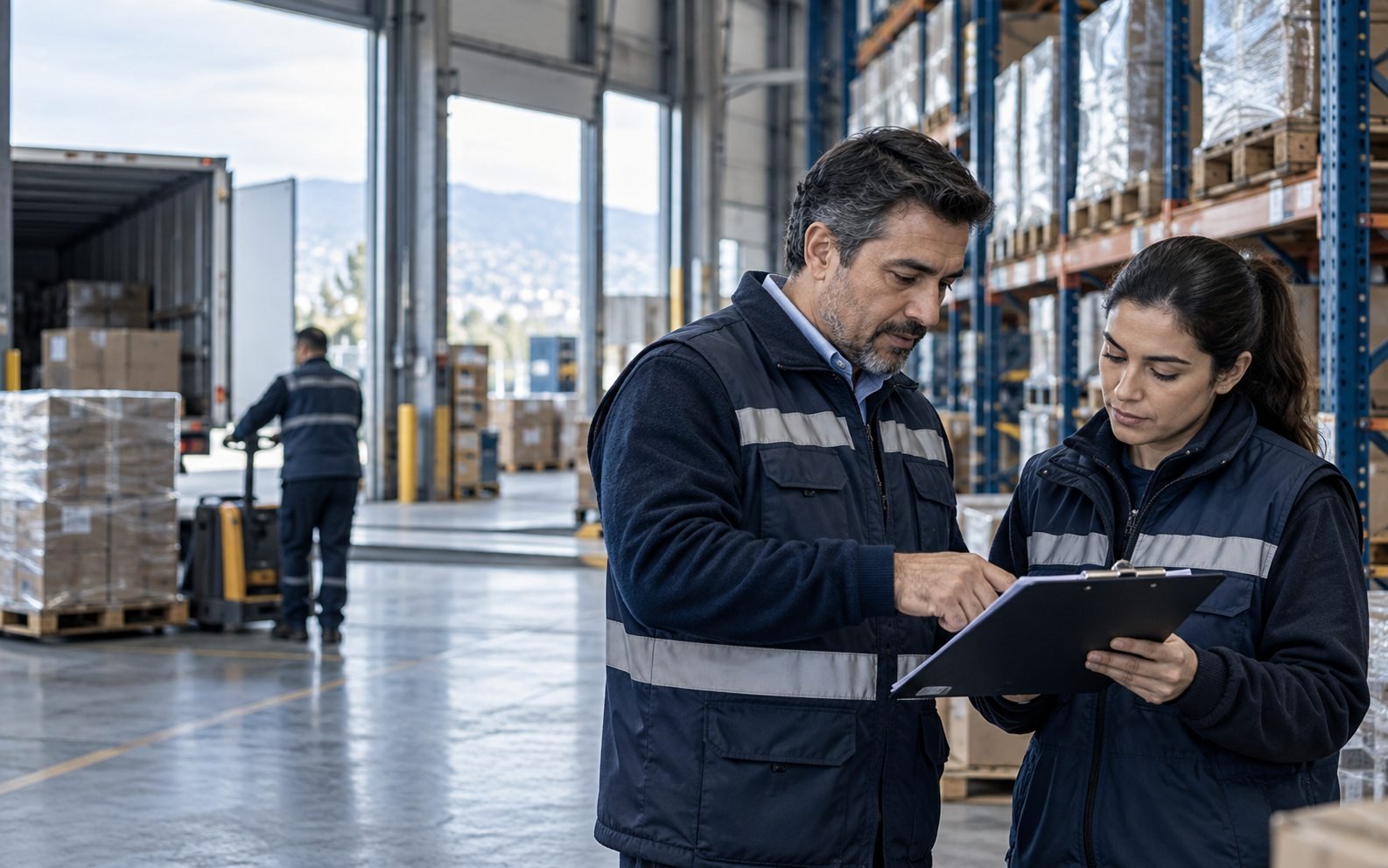Equipo revisando condiciones de trabajo en un centro logístico