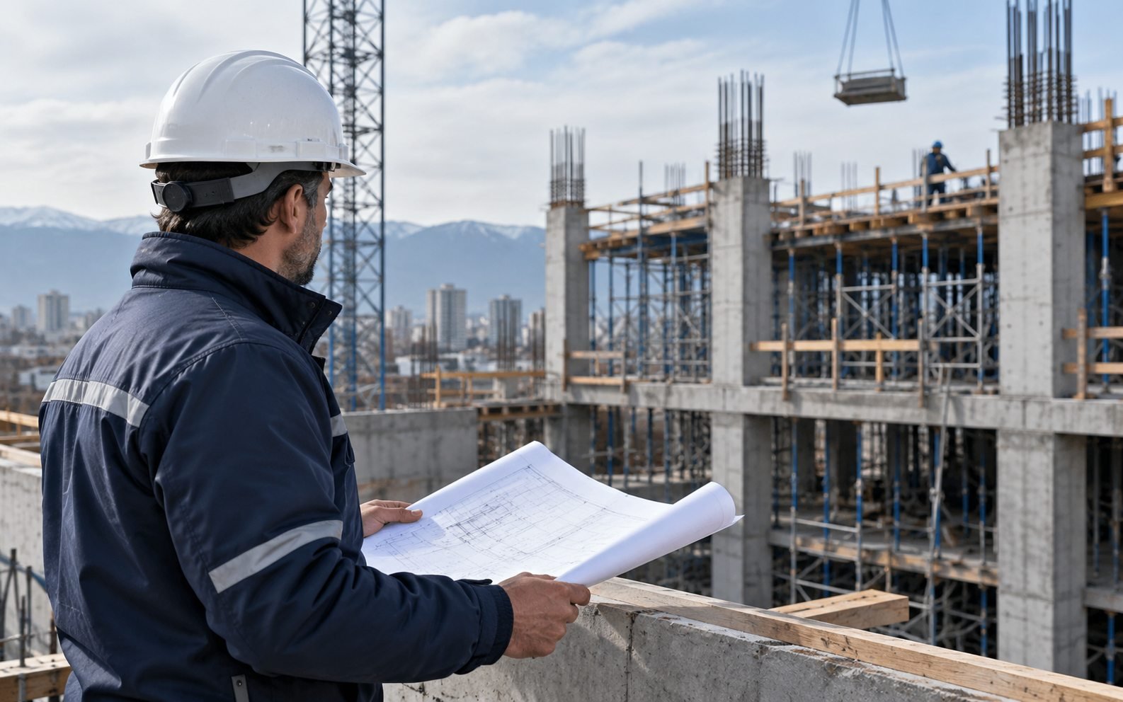 Supervisor revisando planos en una obra de construcción